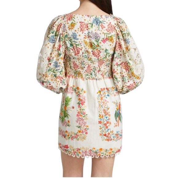 FARM RIO Delicate Forest Scarves Billowy-Sleeve Embroidered Mini Dress Women's L - Picture 2 of 14